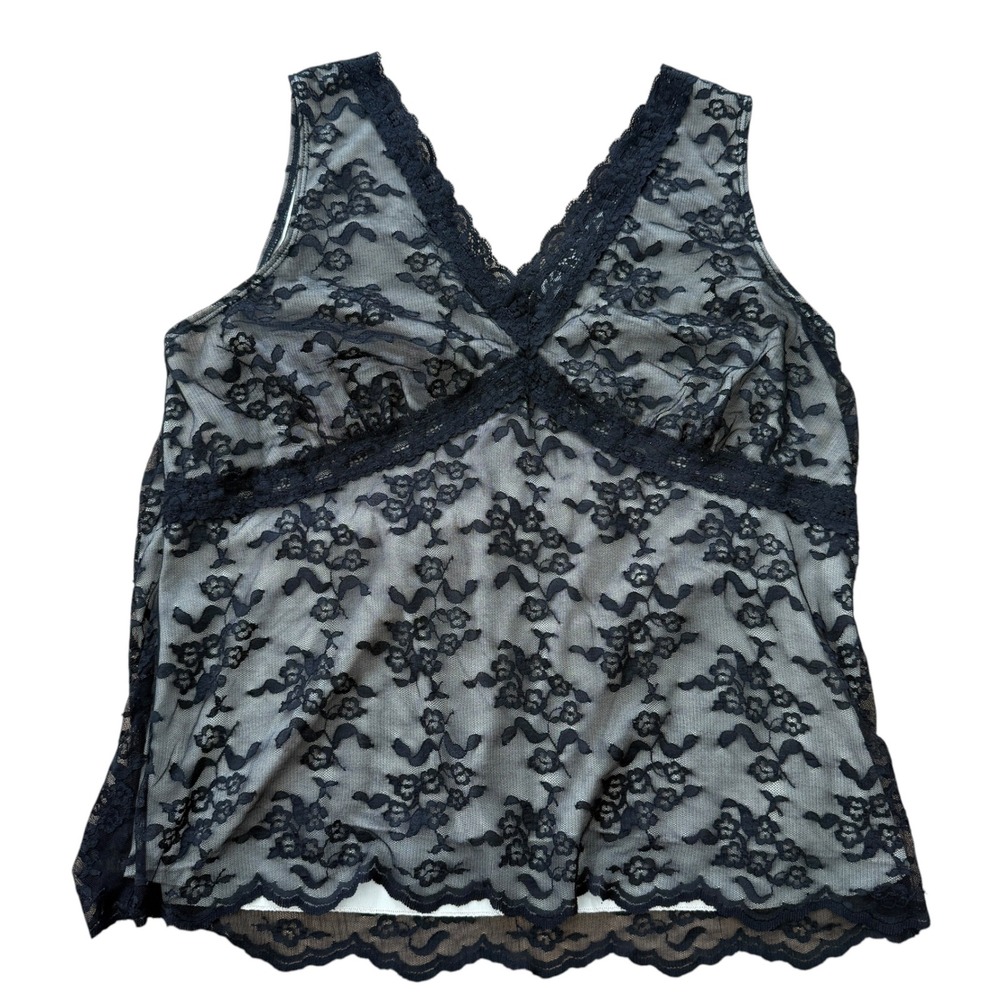 Worthington Lace Babydoll Tank Top Blouse Floral Coquette 1X Black XL